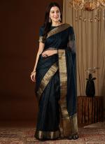 Organza Navy Blue Party Wear Zari Work Saree